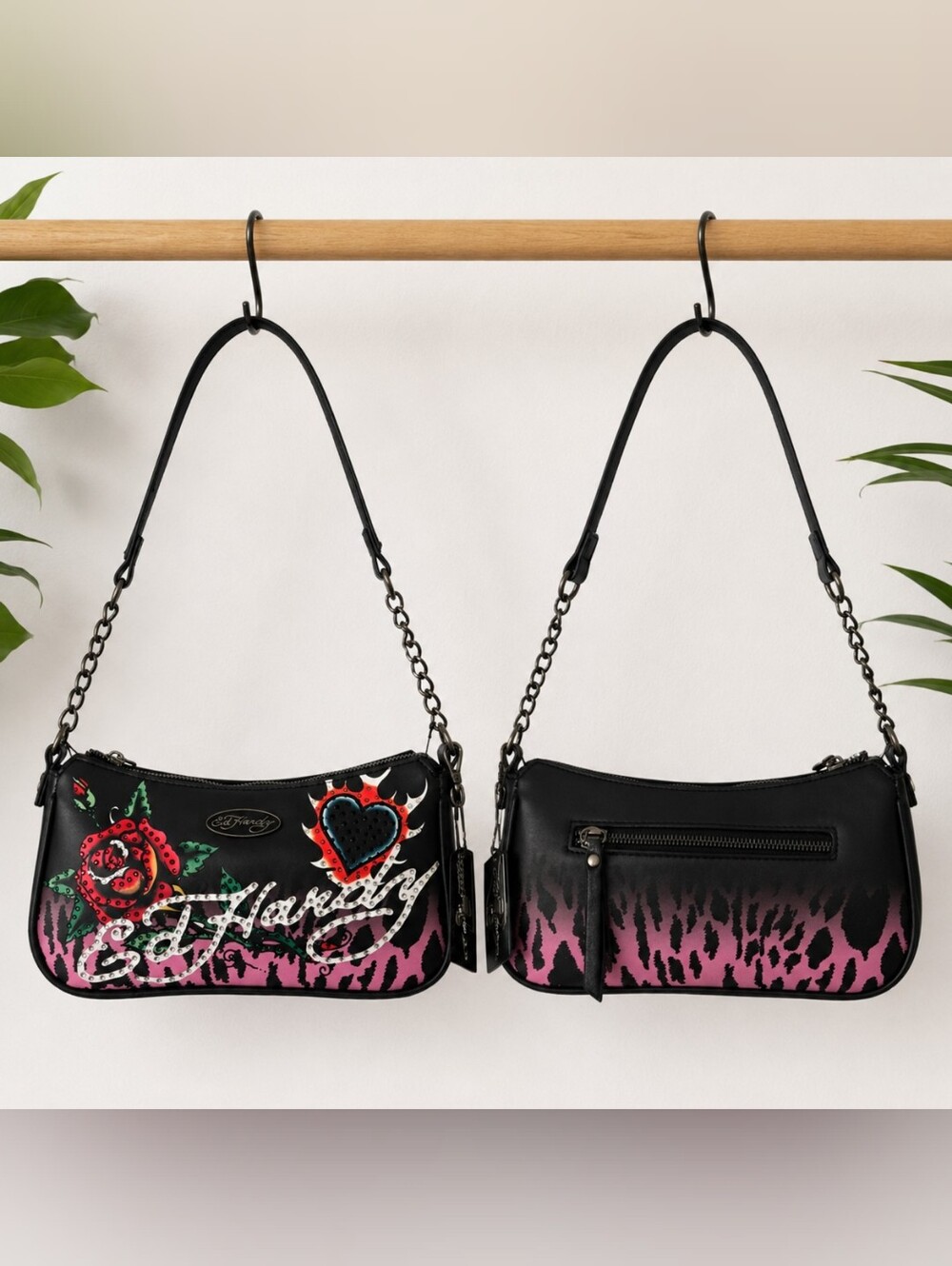 Ed Hardy Crossbody Bag Purse Rhinestone Pink Animal Print Tattoo Y2K NWT
